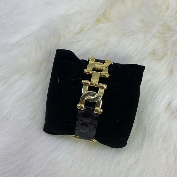 Vintage Burberry Black Leather Silver and Gold Link Bracelet Stamped - Picture 2 of 13